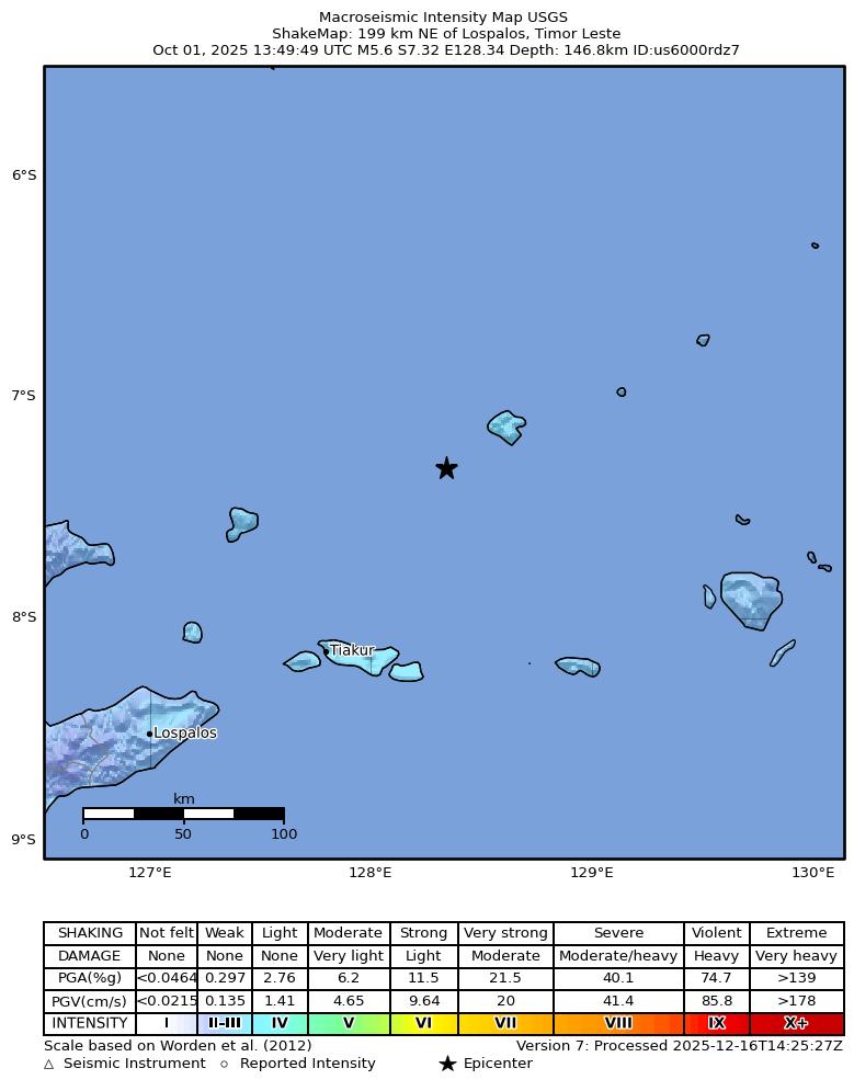 USGS ShakeMap intensity contours for the M5.6 earthquake near 199 km NE of Lospalos, Timor Leste