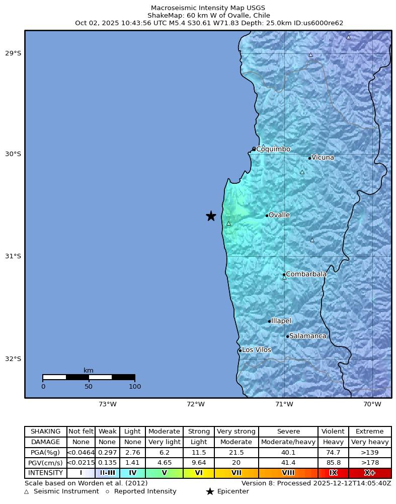 USGS ShakeMap intensity contours for the M5.4 earthquake near 60 km W of Ovalle, Chile
