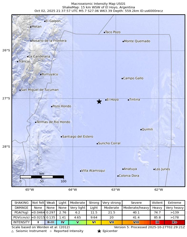 USGS ShakeMap intensity contours for the M5.7 earthquake near 15 km WSW of El Hoyo, Argentina