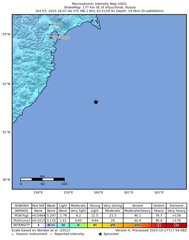 USGS ShakeMap intensity contours for the M6.1 earthquake near 177 km SE of Vilyuchinsk, Russia
