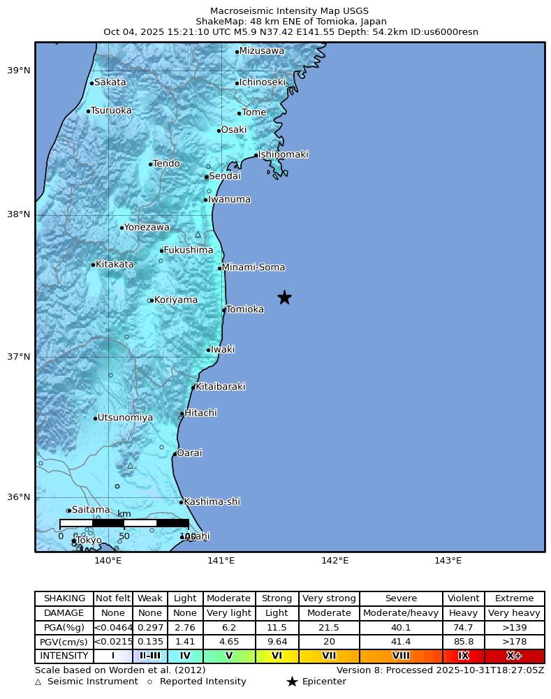 USGS ShakeMap intensity contours for the M5.9 earthquake near 48 km ENE of Tomioka, Japan