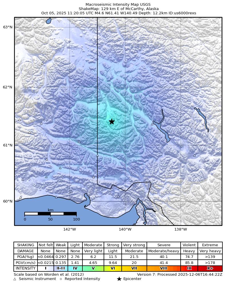 USGS ShakeMap: estimated shaking intensity around the epicenter