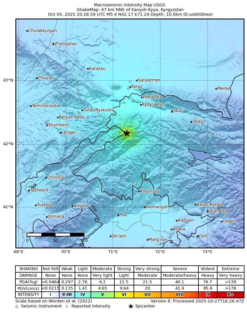 USGS ShakeMap intensity contours for the M4.9 earthquake near 46 km NNE of Kanysh-Kyya, Kyrgyzstan