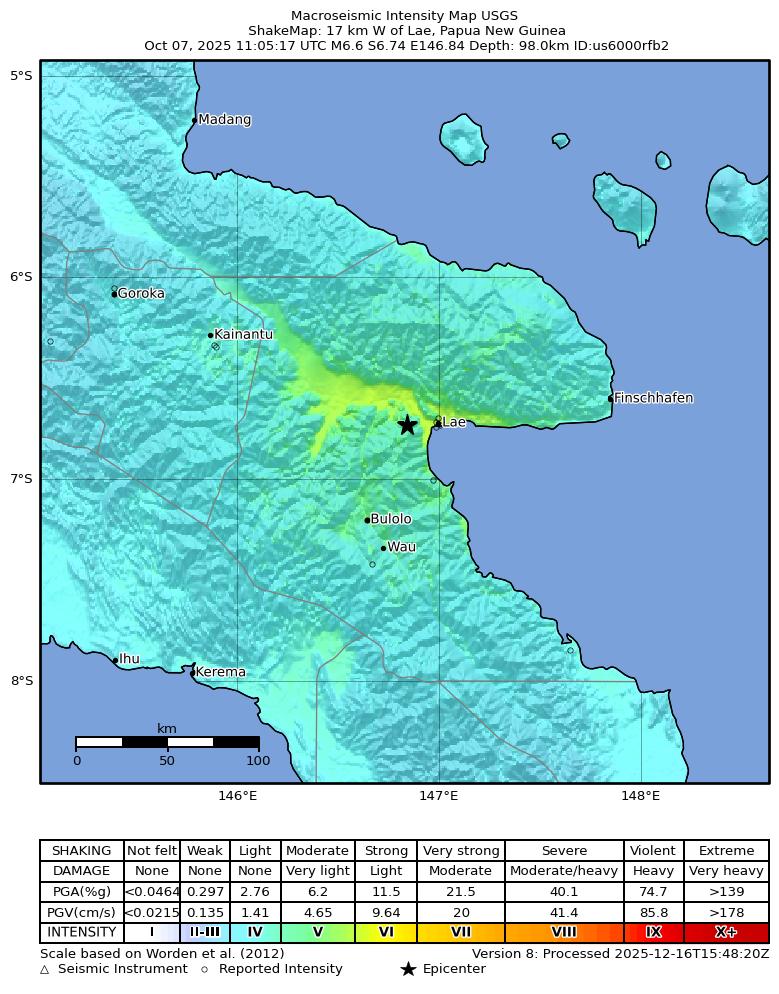 USGS ShakeMap intensity contours for the M6.6 earthquake near 17 km W of Lae, Papua New Guinea