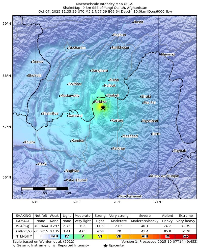 USGS ShakeMap intensity contours for the M5.1 earthquake near 20 km SSE of Yangī Qal‘ah, Afghanistan