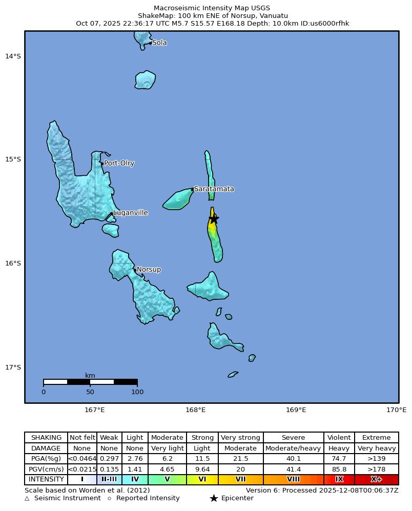 USGS ShakeMap intensity contours for the M5.7 earthquake near 100 km ENE of Norsup, Vanuatu