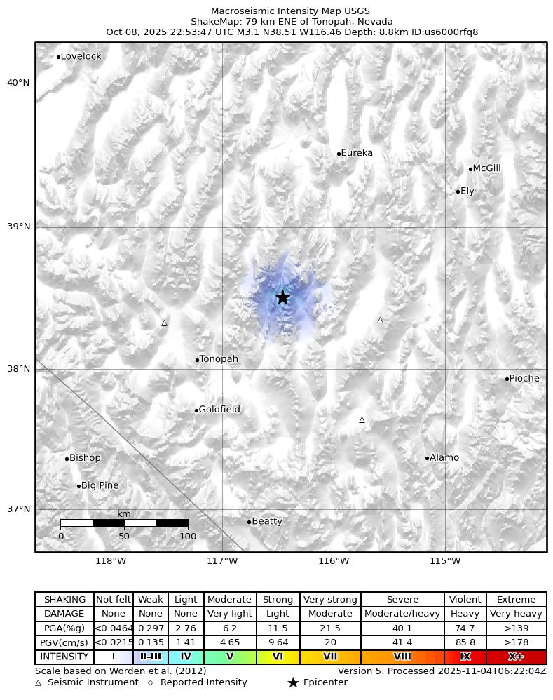 USGS ShakeMap intensity contours for the M3.3 earthquake near 79 km ENE of Tonopah, Nevada
