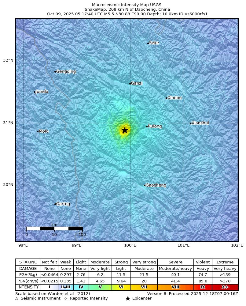 USGS ShakeMap intensity contours for the M5.5 earthquake near 208 km N of Daocheng, China