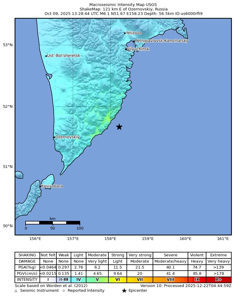USGS ShakeMap intensity contours for the M6.1 earthquake near 121 km E of Ozernovskiy, Russia