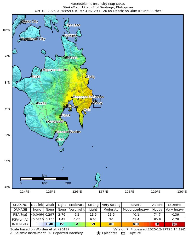 USGS ShakeMap intensity contours for the M7.4 earthquake near 12 km E of Santiago, Philippines