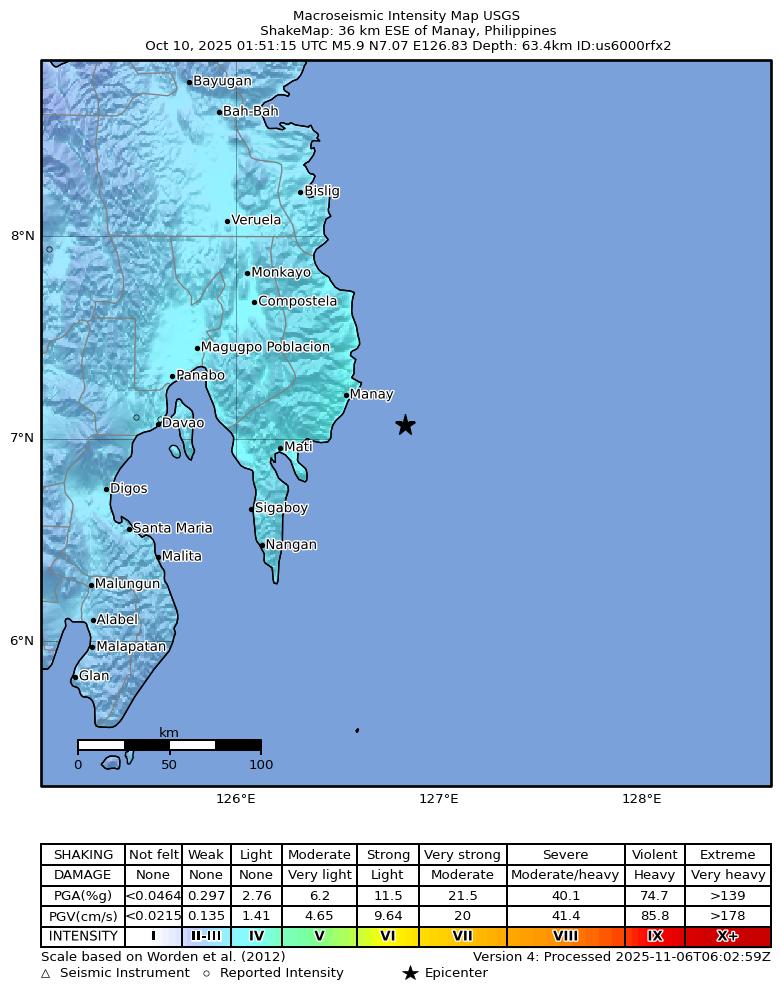 USGS ShakeMap intensity contours for the M5.9 earthquake near 36 km ESE of Manay, Philippines