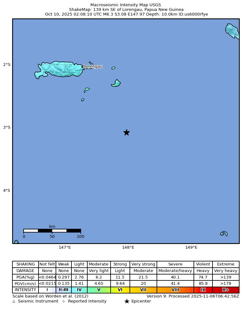 USGS ShakeMap intensity contours for the M6.3 earthquake near 139 km SE of Lorengau, Papua New Guinea
