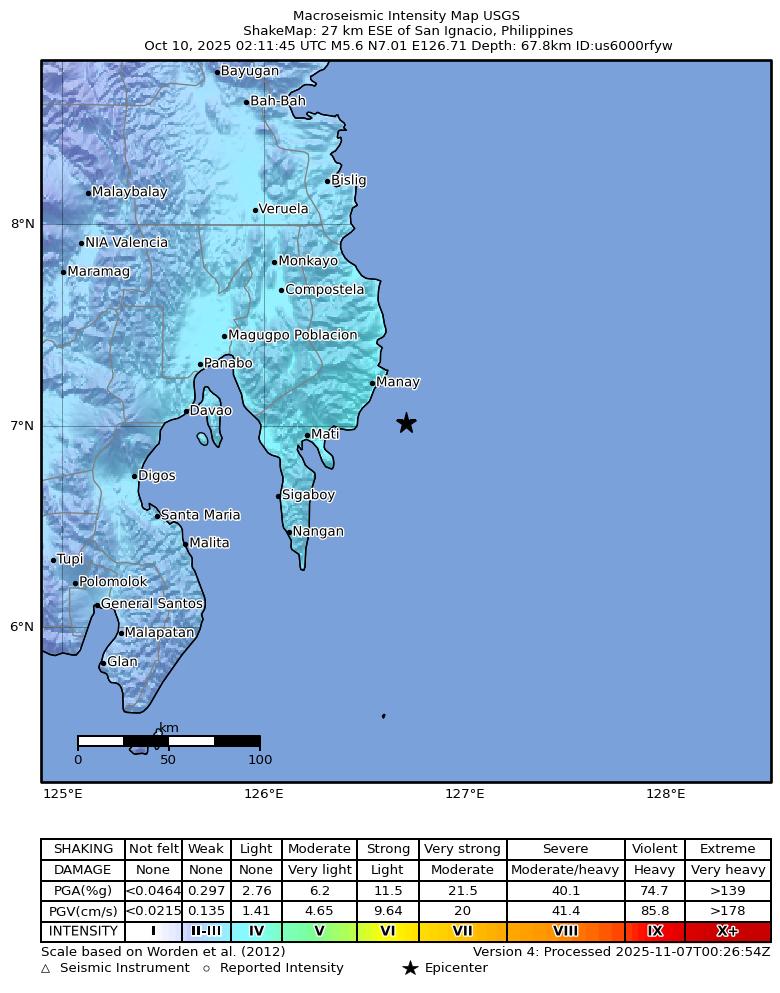 USGS ShakeMap intensity contours for the M5.6 earthquake near 27 km ESE of San Ignacio, Philippines