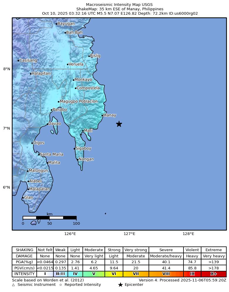 USGS ShakeMap: estimated shaking intensity around the epicenter