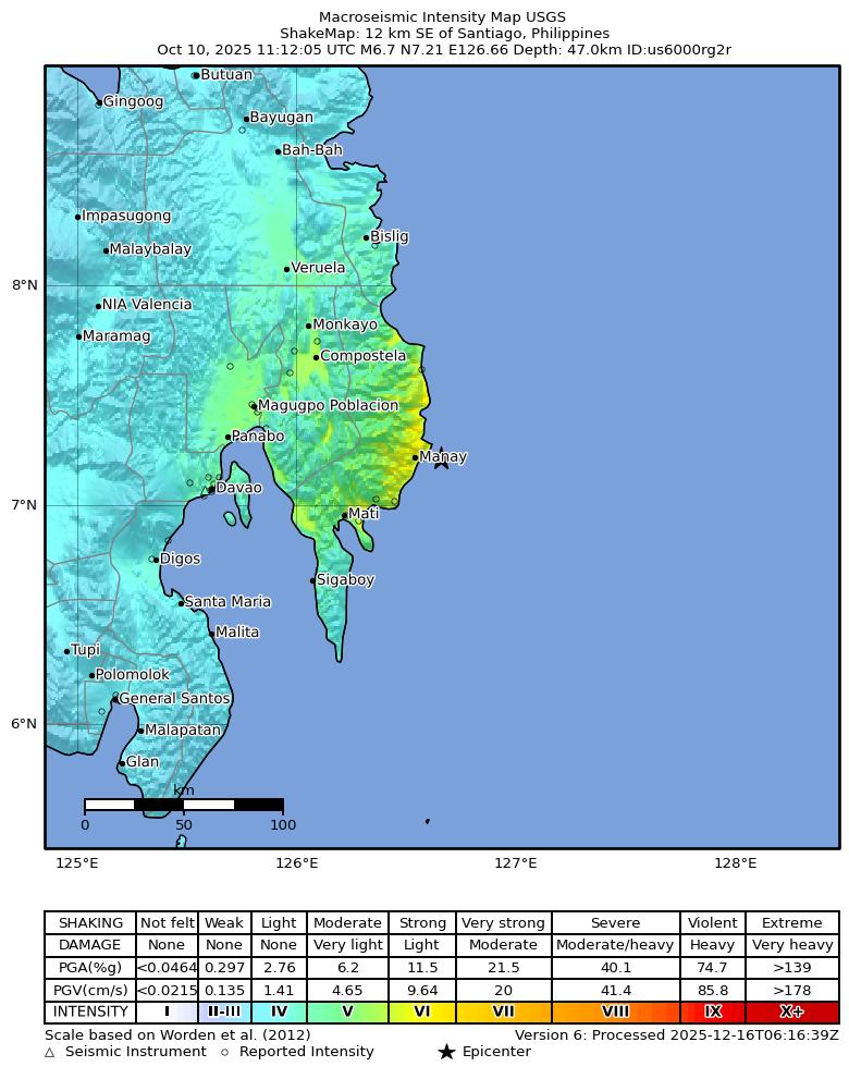 USGS ShakeMap intensity contours for the M6.7 earthquake near 12 km SE of Santiago, Philippines