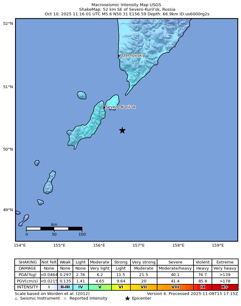 USGS ShakeMap intensity contours for the M5.6 earthquake near 52 km SE of Severo-Kuril’sk, Russia