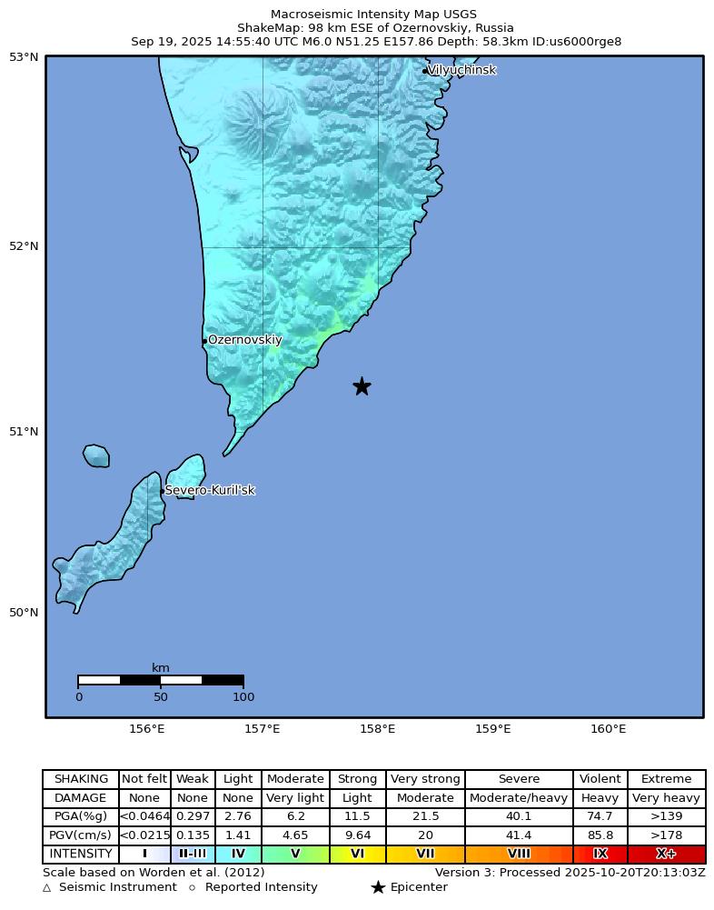 USGS ShakeMap intensity contours for the M6.0 earthquake near 98 km ESE of Ozernovskiy, Russia