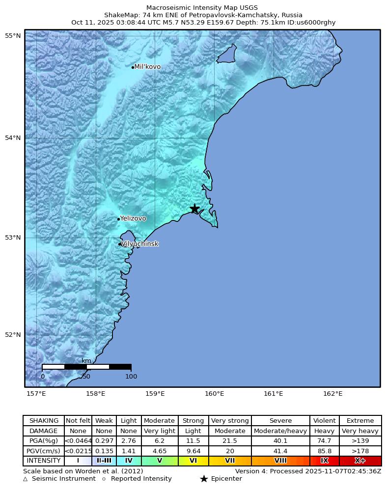 USGS ShakeMap intensity contours for the M5.7 earthquake near 74 km ENE of Petropavlovsk-Kamchatsky, Russia
