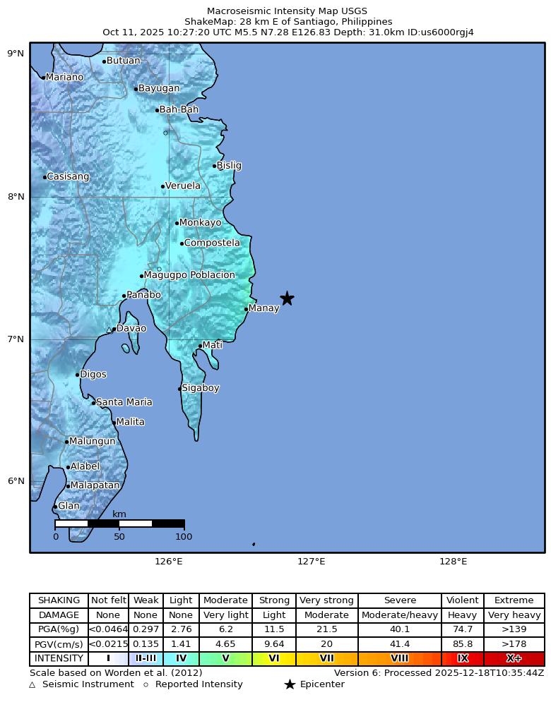 USGS ShakeMap intensity contours for the M5.5 earthquake near 28 km E of Santiago, Philippines