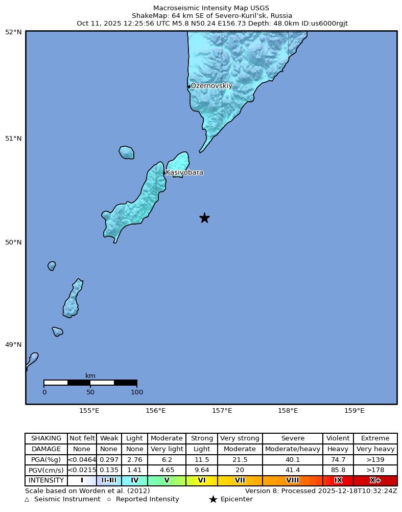 USGS ShakeMap intensity contours for the M5.8 earthquake near 64 km SE of Severo-Kuril’sk, Russia
