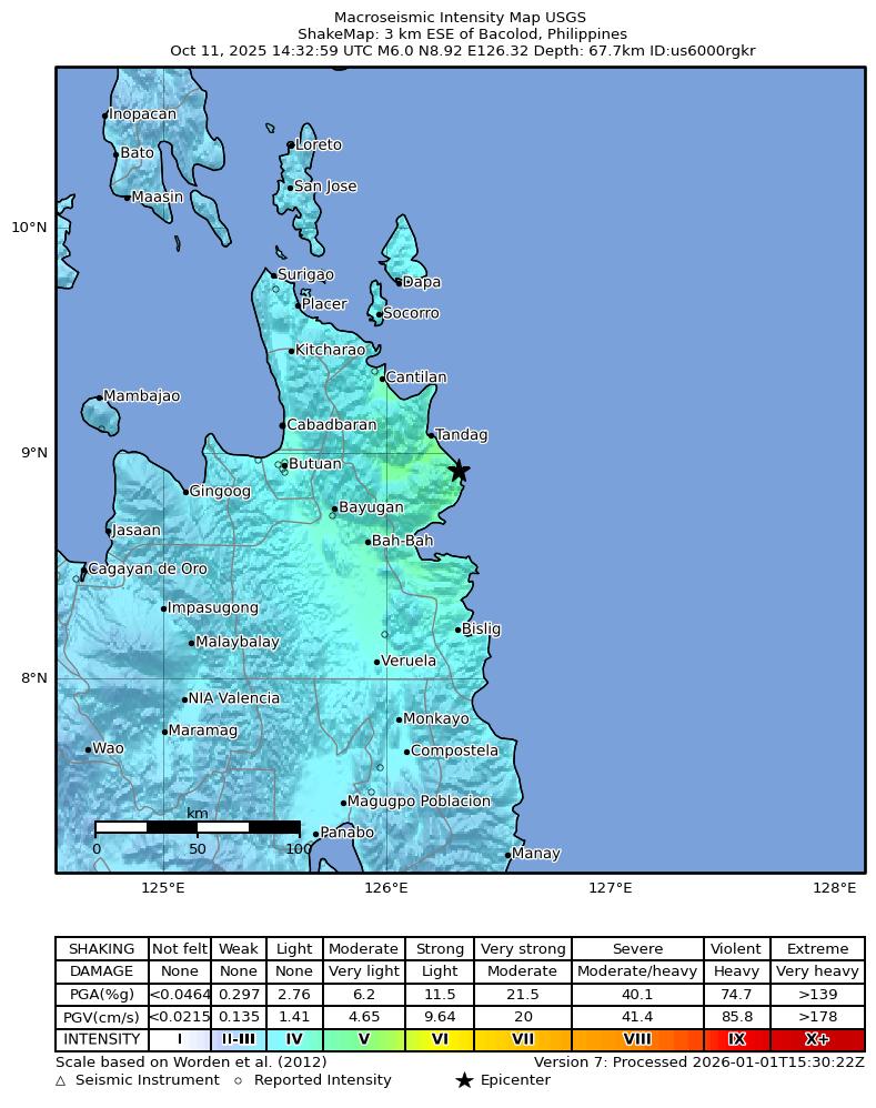 USGS ShakeMap intensity contours for the M6.0 earthquake near 3 km ESE of Bacolod, Philippines
