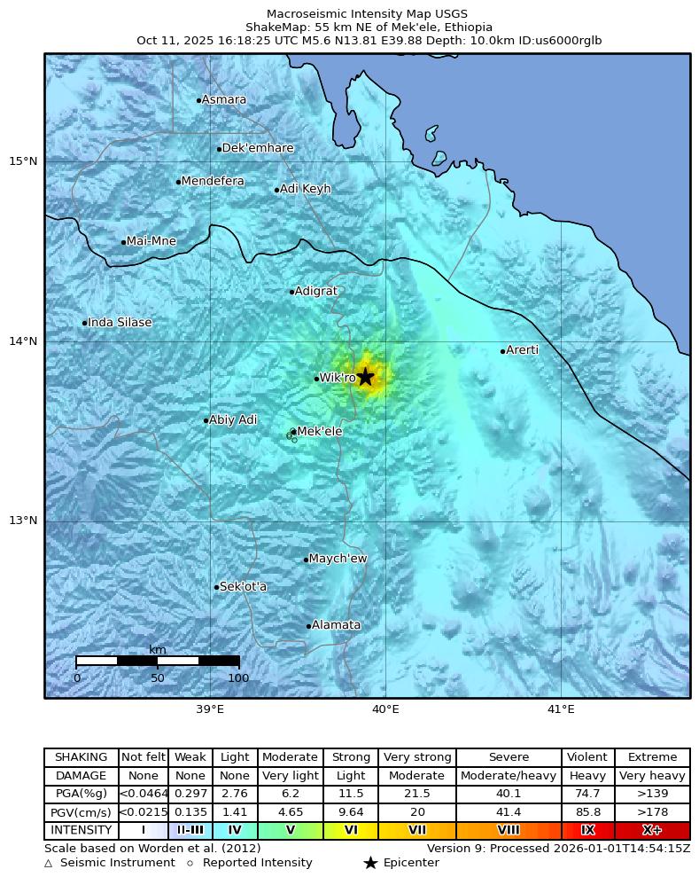 USGS ShakeMap intensity contours for the M5.6 earthquake near 55 km NE of Mek'ele, Ethiopia