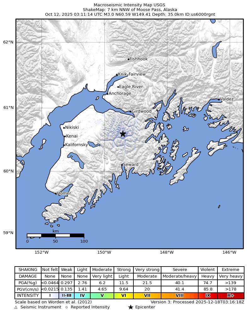 USGS ShakeMap: estimated shaking intensity around the epicenter
