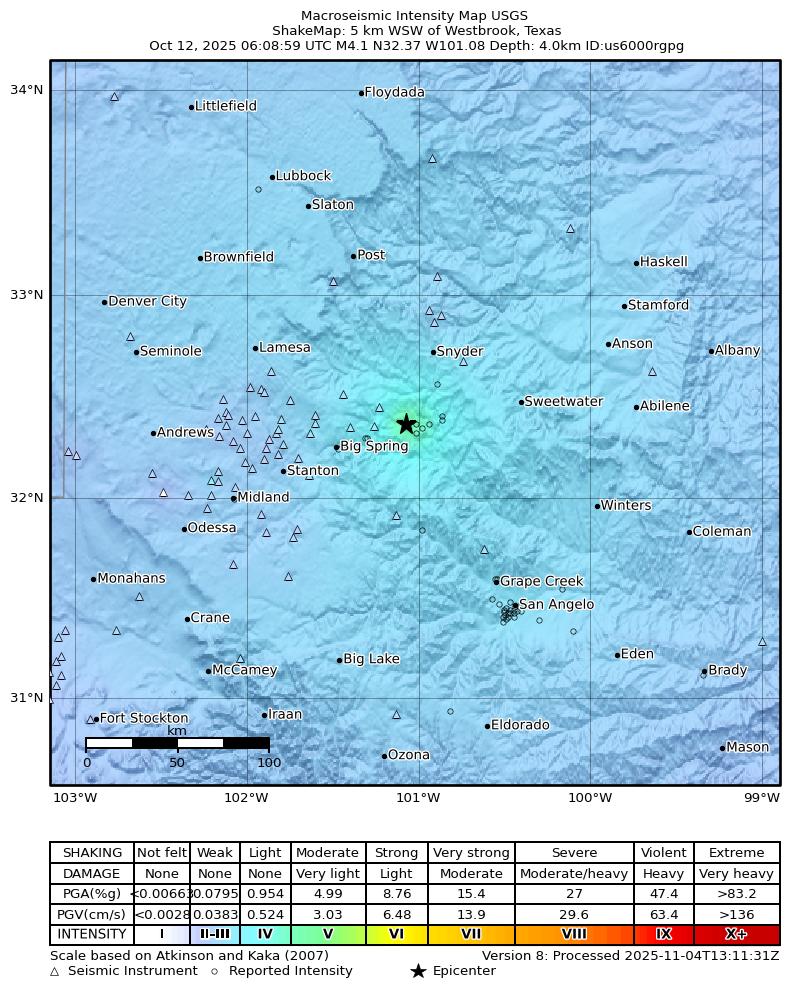 USGS ShakeMap: estimated shaking intensity around the epicenter
