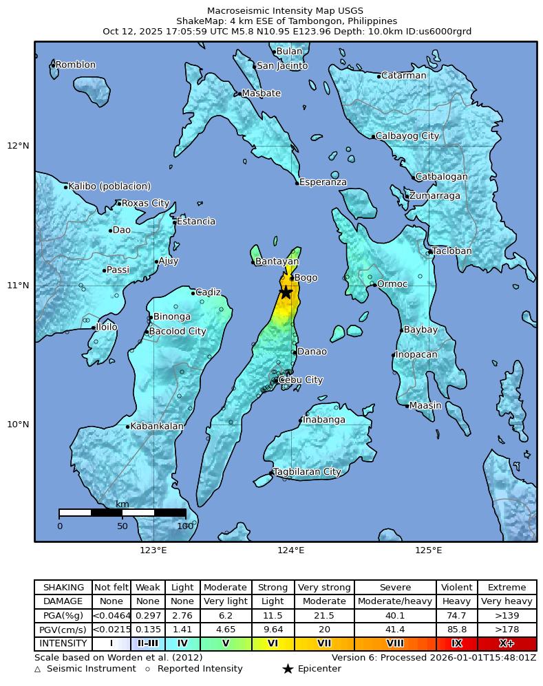 USGS ShakeMap intensity contours for the M5.8 earthquake near 4 km ESE of Tambongon, Philippines