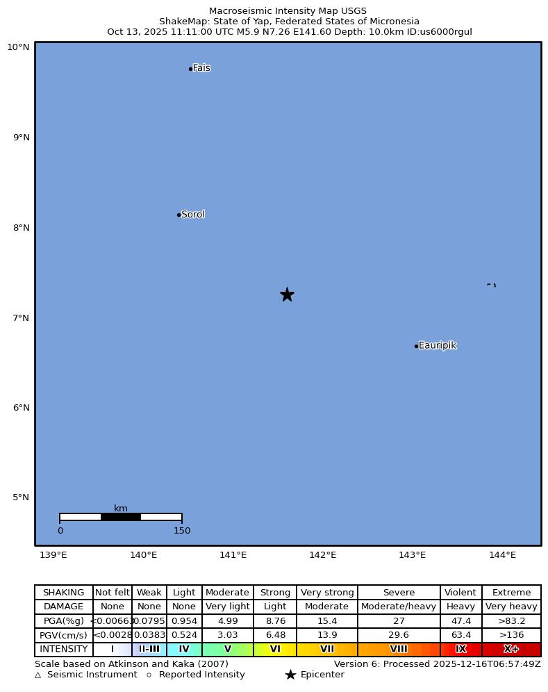 USGS ShakeMap intensity contours for the M5.9 earthquake near State of Yap, Federated States of Micronesia