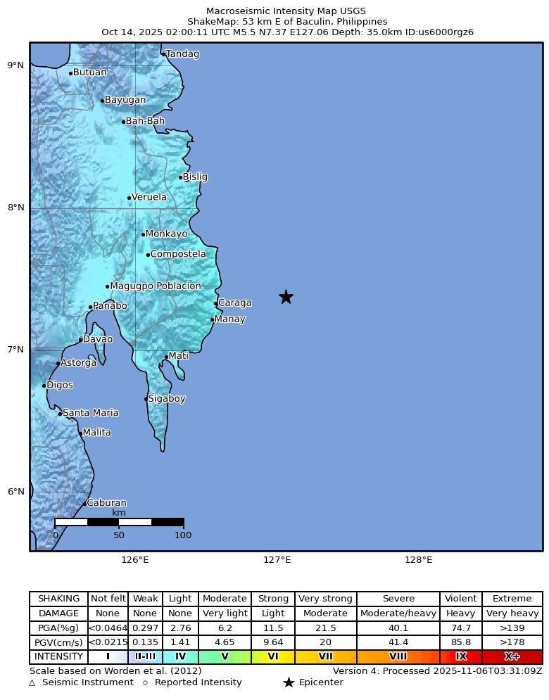 USGS ShakeMap intensity contours for the M5.5 earthquake near 53 km E of Baculin, Philippines