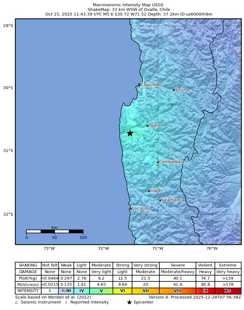 USGS ShakeMap intensity contours for the M5.6 earthquake near 33 km WSW of Ovalle, Chile