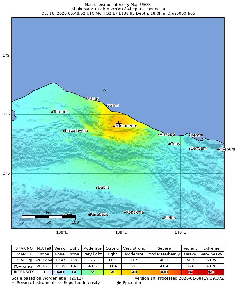USGS ShakeMap intensity contours for the M6.4 earthquake near 192 km WNW of Abepura, Indonesia
