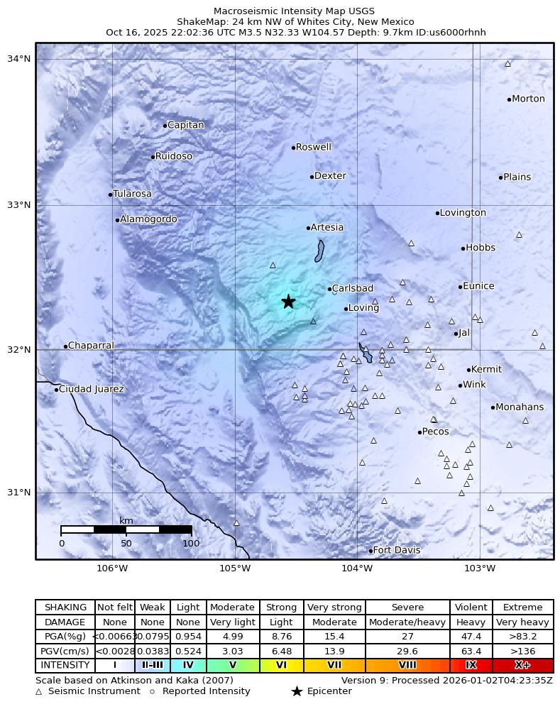 USGS ShakeMap intensity contours for the M3.5 earthquake near 24 km NW of Whites City, New Mexico