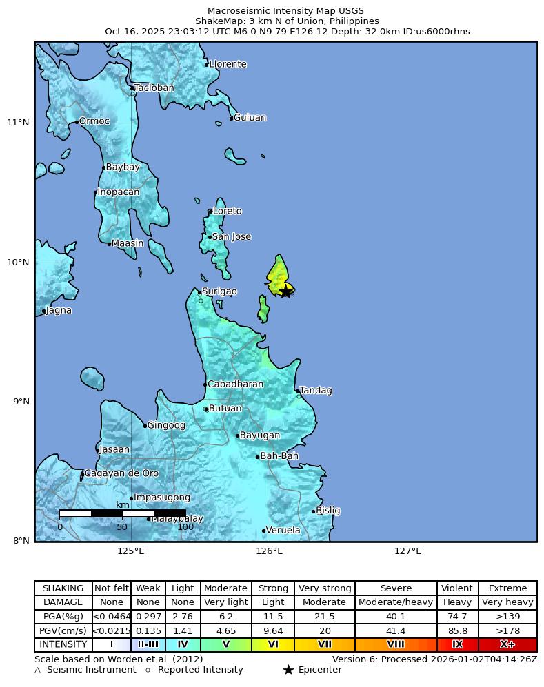 USGS ShakeMap intensity contours for the M6.0 earthquake near 3 km N of Union, Philippines