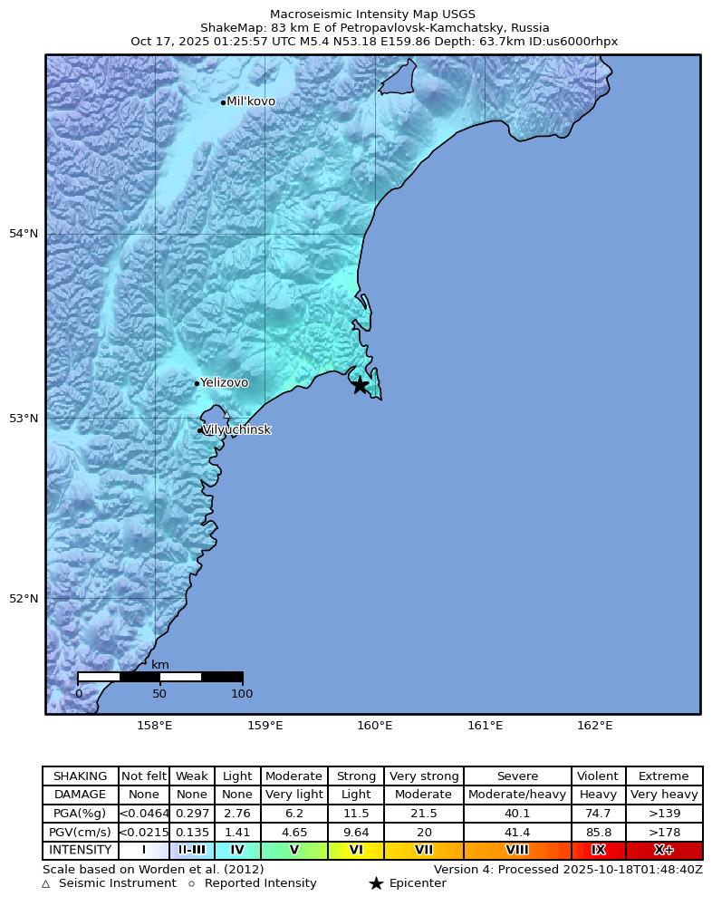 USGS ShakeMap intensity contours for the M5.1 earthquake near 81 km E of Petropavlovsk-Kamchatsky, Russia