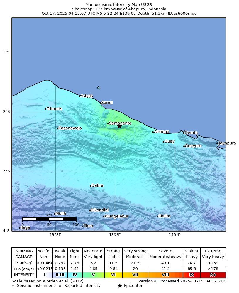 USGS ShakeMap intensity contours for the M5.1 earthquake near 182 km WNW of Abepura, Indonesia