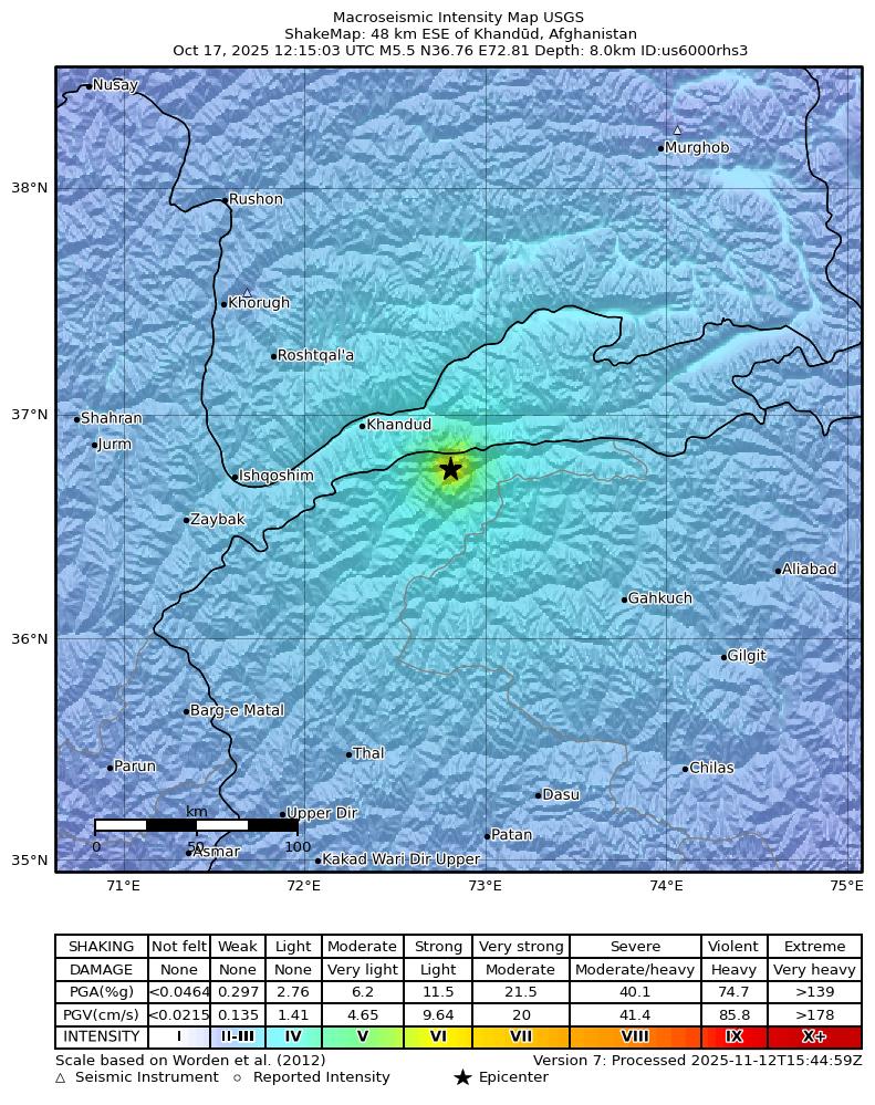 USGS ShakeMap intensity contours for the M5.5 earthquake near 48 km ESE of Khandūd, Afghanistan