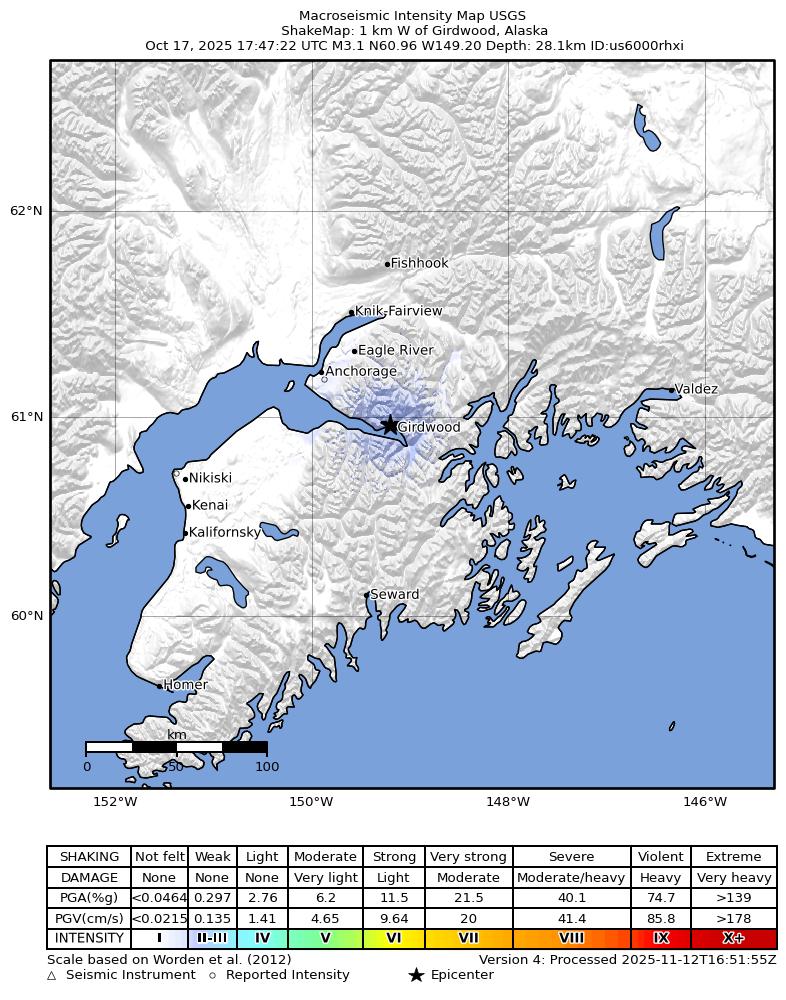 USGS ShakeMap intensity contours for the M2.9 earthquake near 1 km W of Girdwood, Alaska