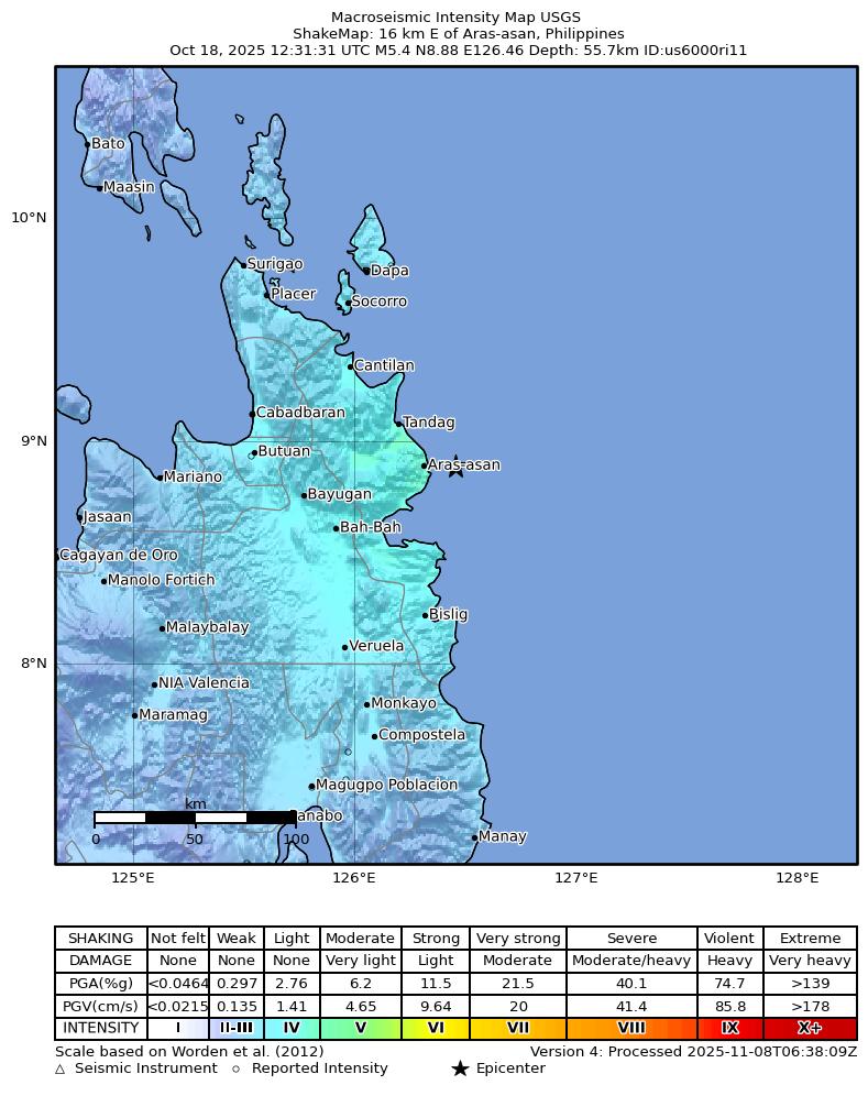 USGS ShakeMap intensity contours for the M5.4 earthquake near 16 km E of Aras-asan, Philippines