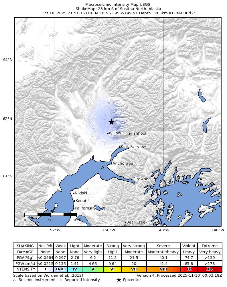 USGS ShakeMap intensity contours for the M2.8 earthquake near 23 km S of Susitna North, Alaska