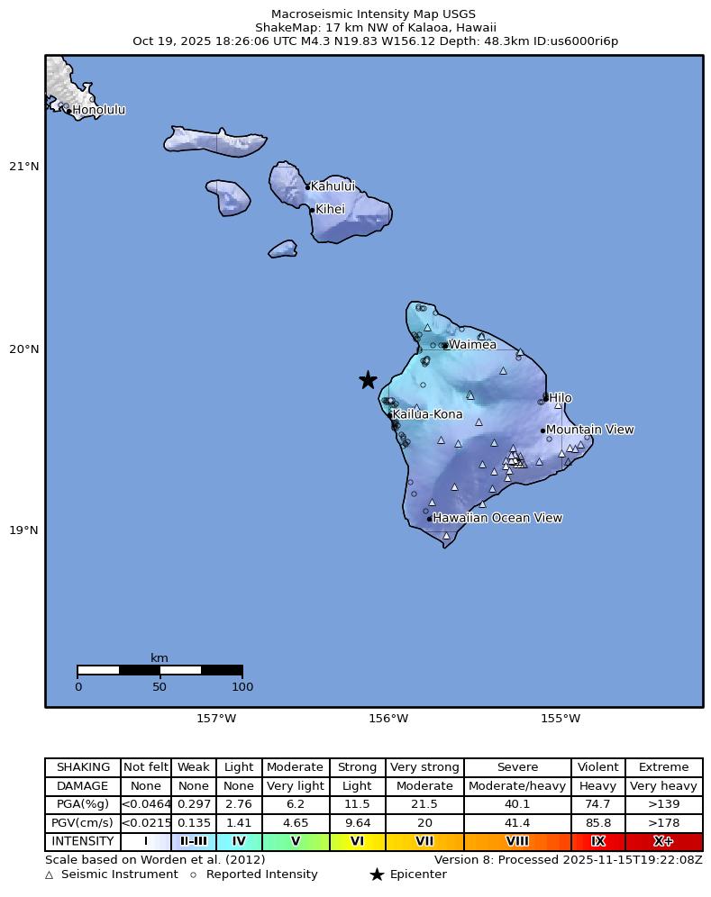 USGS ShakeMap intensity contours for the M4.2 earthquake near 17 km NW of Kalaoa, Hawaii