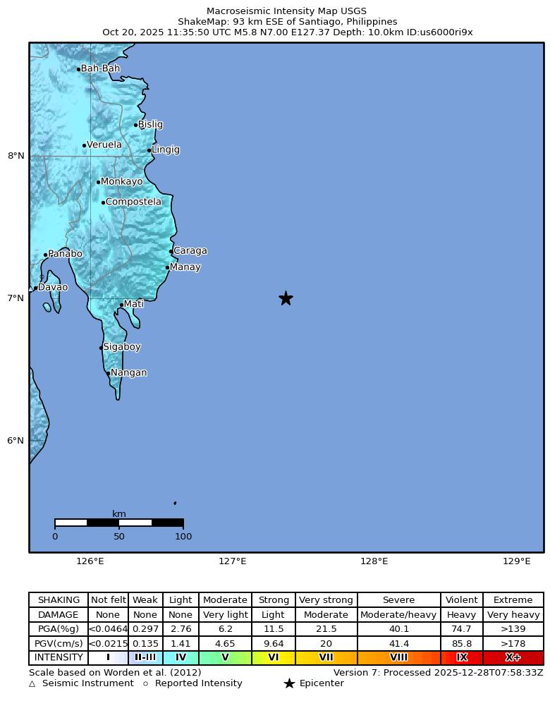 USGS ShakeMap intensity contours for the M5.8 earthquake near 93 km ESE of Santiago, Philippines