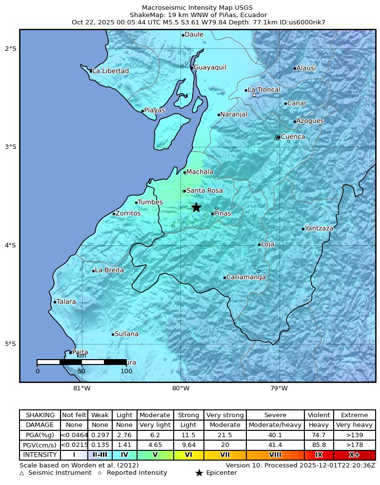 USGS ShakeMap intensity contours for the M5.5 earthquake near 19 km WNW of Piñas, Ecuador