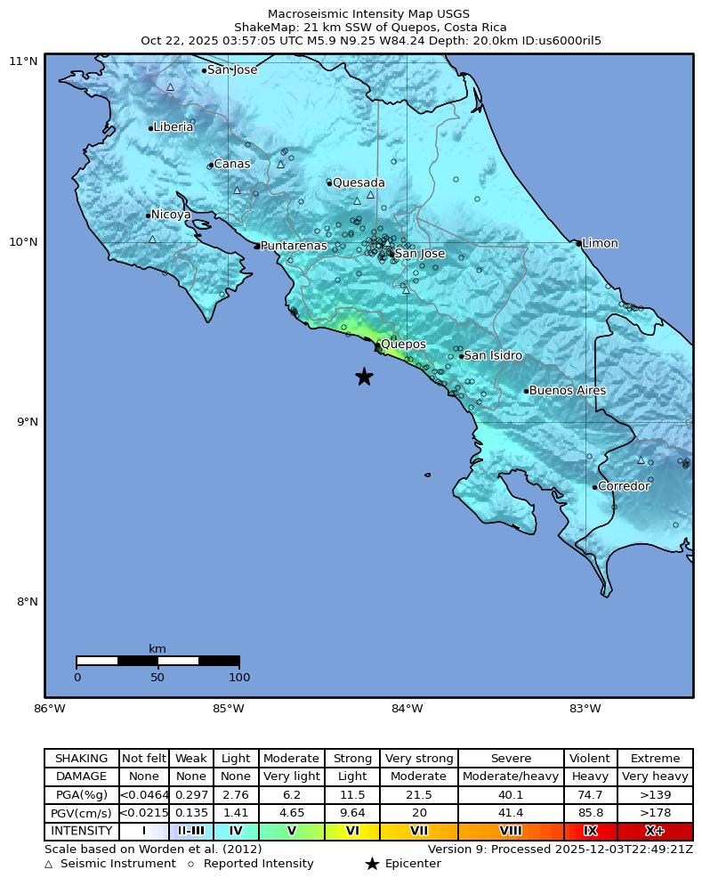 USGS ShakeMap intensity contours for the M5.9 earthquake near 21 km SSW of Quepos, Costa Rica