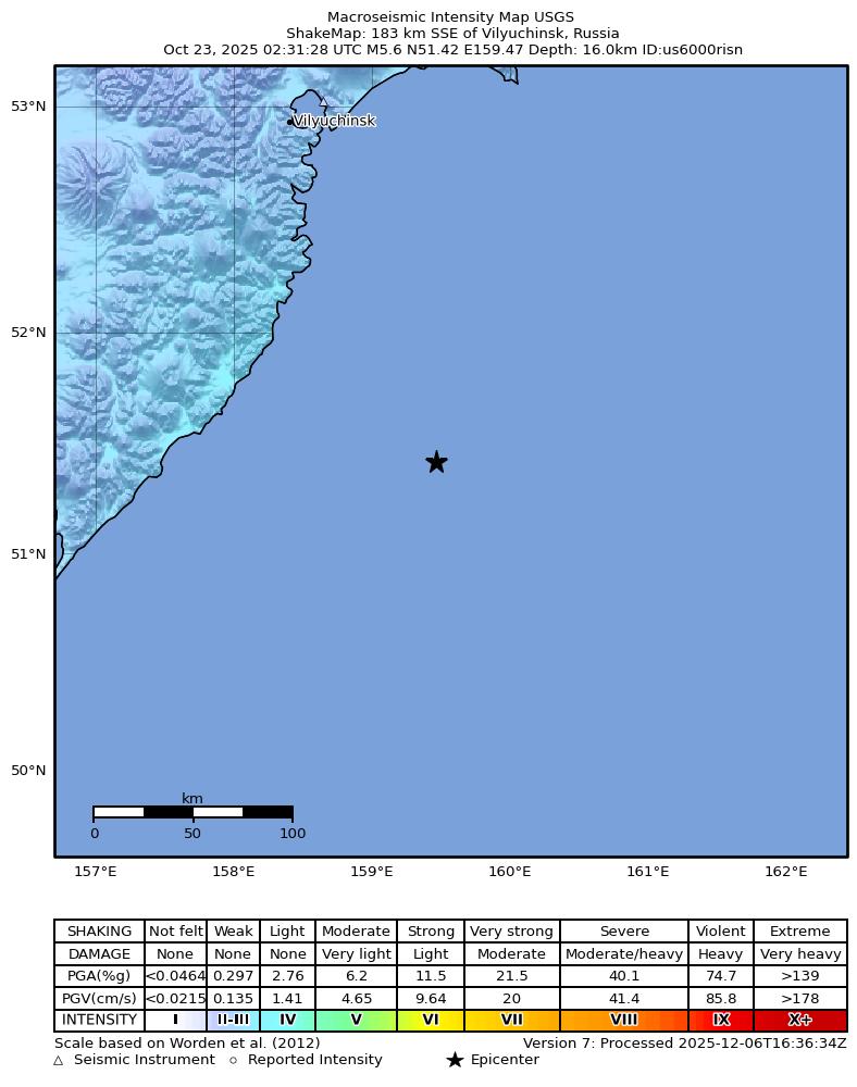 USGS ShakeMap intensity contours for the M5.6 earthquake near 183 km SSE of Vilyuchinsk, Russia