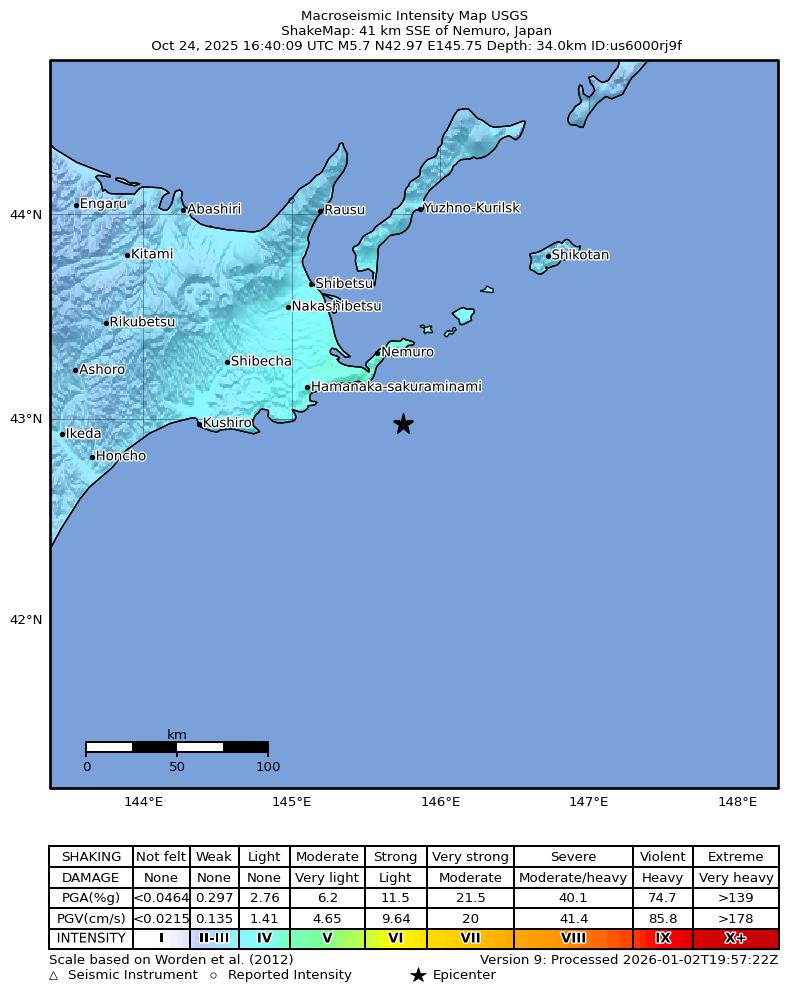 USGS ShakeMap intensity contours for the M5.7 earthquake near 41 km SSE of Nemuro, Japan