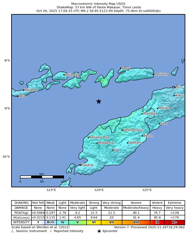 USGS ShakeMap intensity contours for the M6.2 earthquake near 57 km NW of Pante Makasar, Timor Leste