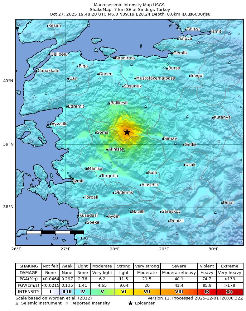 USGS ShakeMap intensity contours for the M6.0 earthquake near 7 km SE of Sındırgı, Turkey