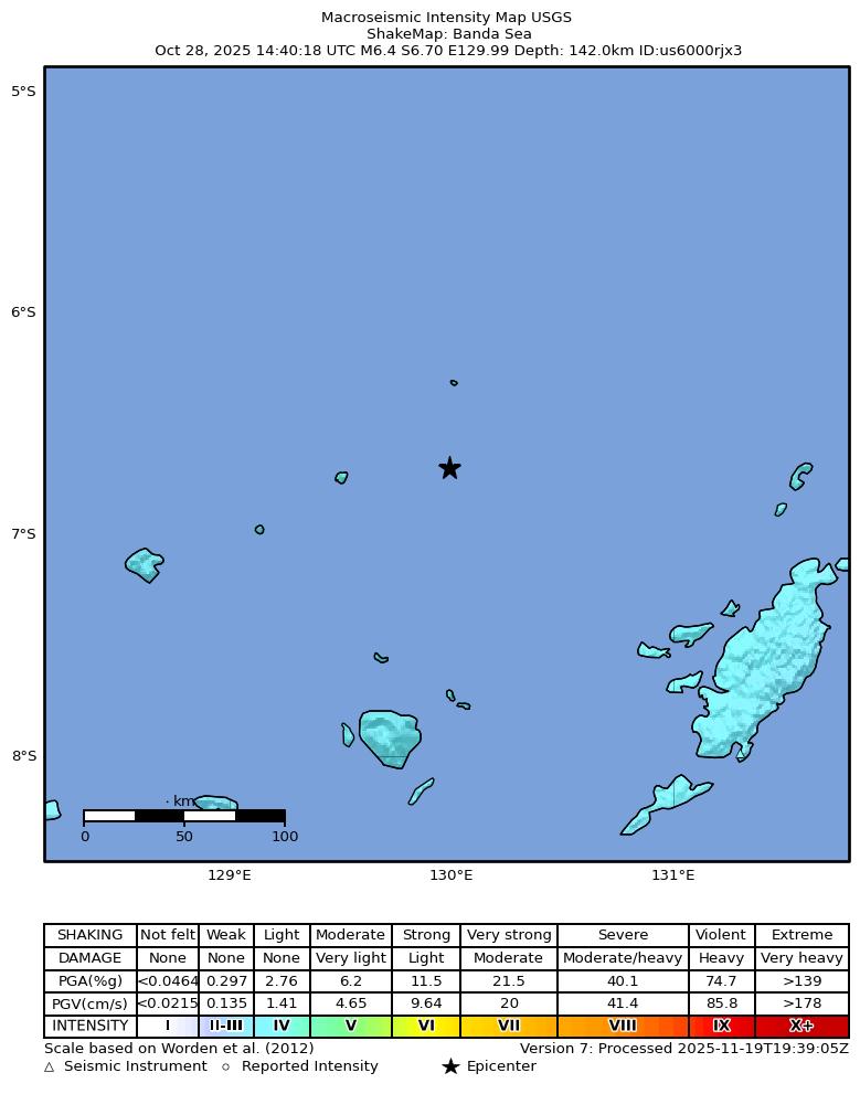 USGS ShakeMap intensity contours for the M6.4 earthquake near Banda Sea